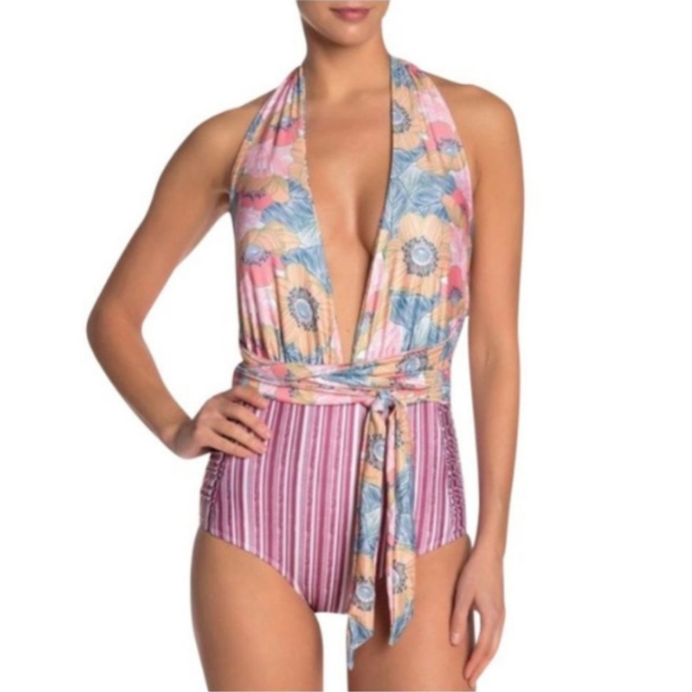 NWT! Nicole Miller Convertible Plunging Halter One-piece Bathing Suit